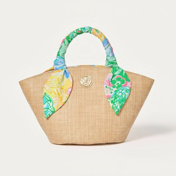 Lilly Pulitzer Maya Straw Tote Bag NWT $168 Raffia Scarf Handle - Picture 3 of 5